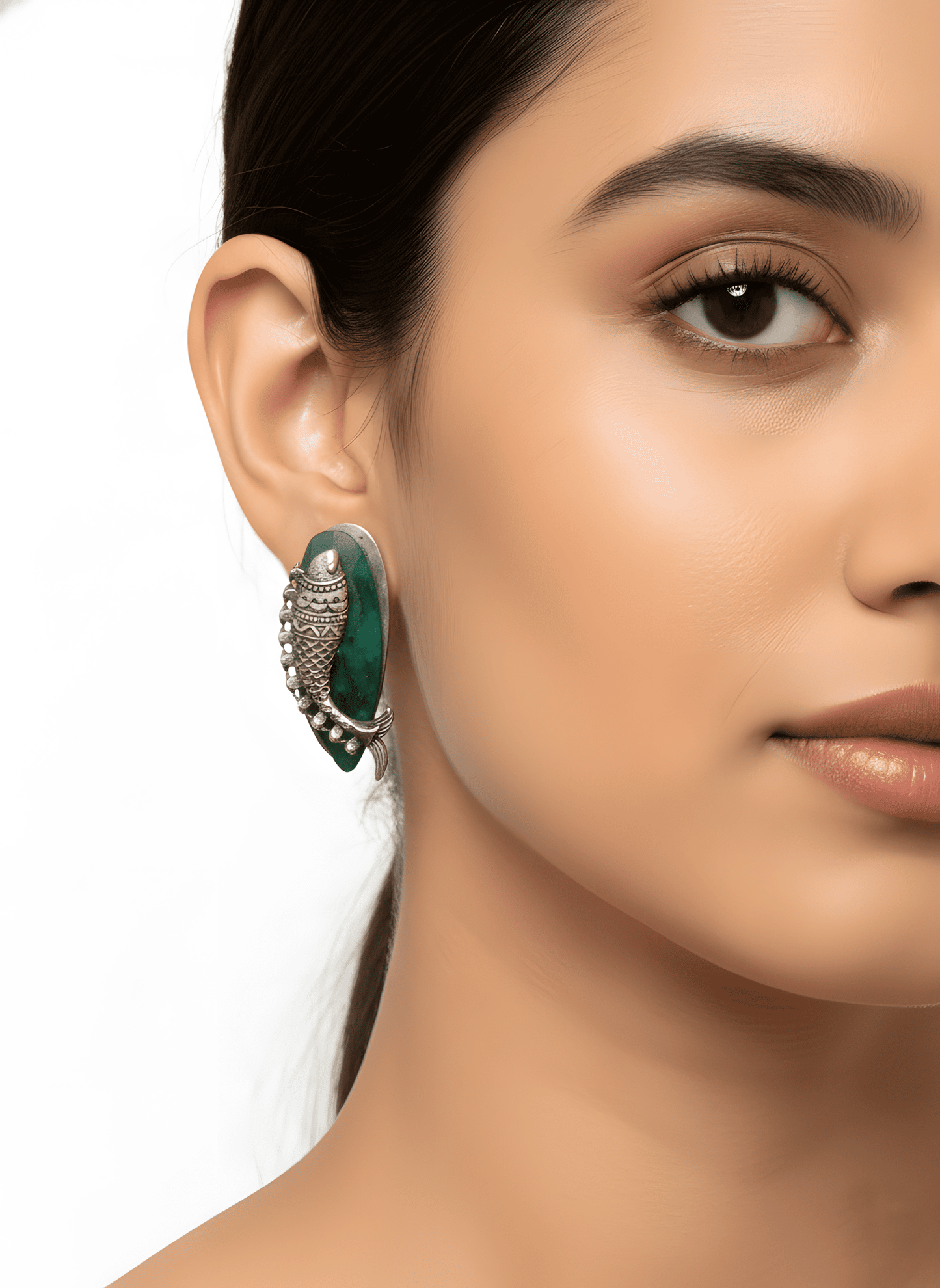 Sterling Silver Green Garnet Vintage Fish Stud Earrings