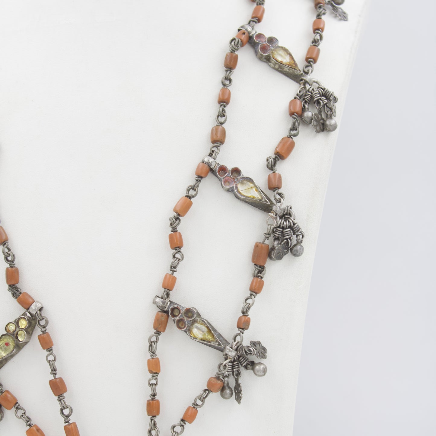 Navratri Antique Coral Necklace Double Strand Square Pendant in Sterling Silver