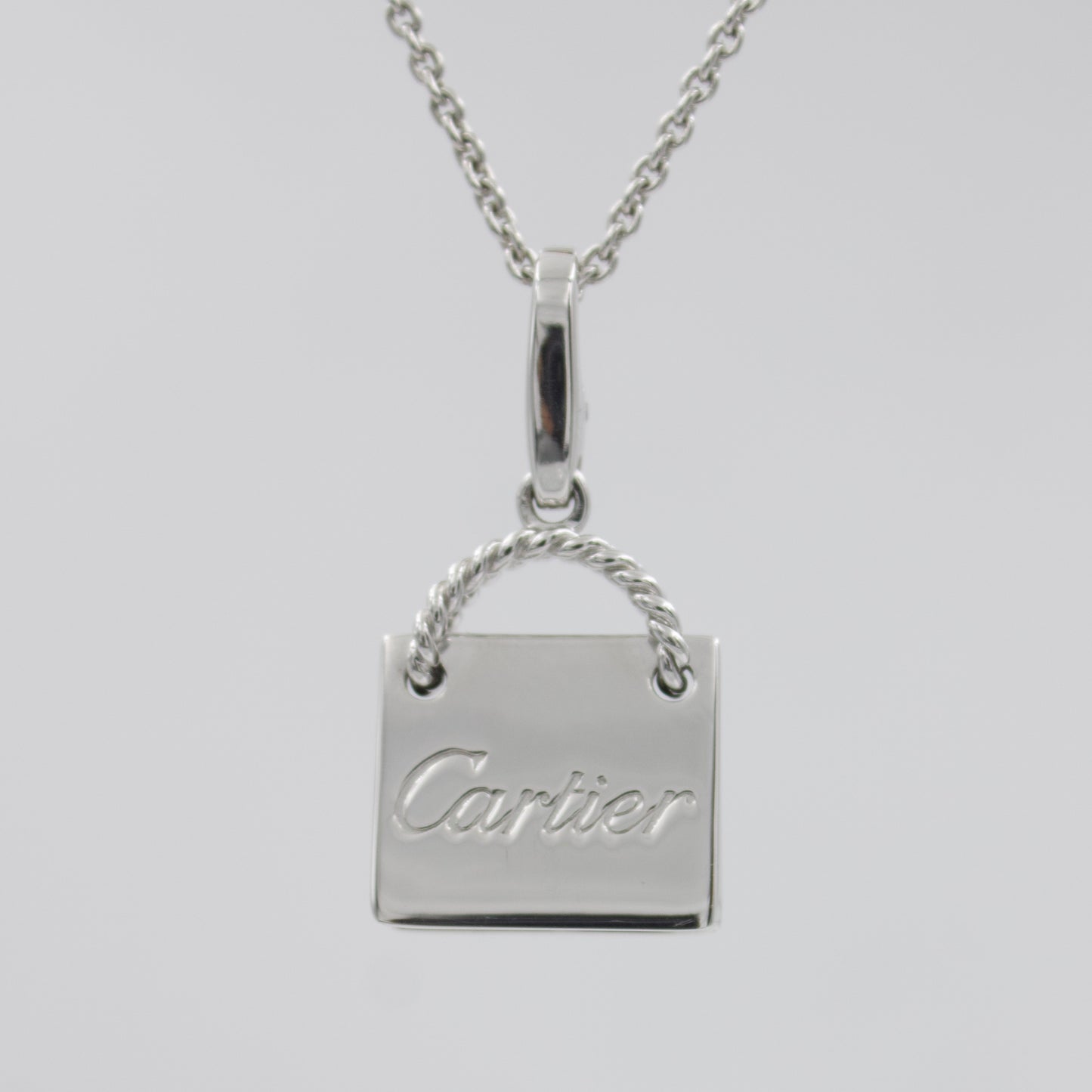 Vintage Authentic Cartier Shopping Bag Charm Pendant in 18K White Gold