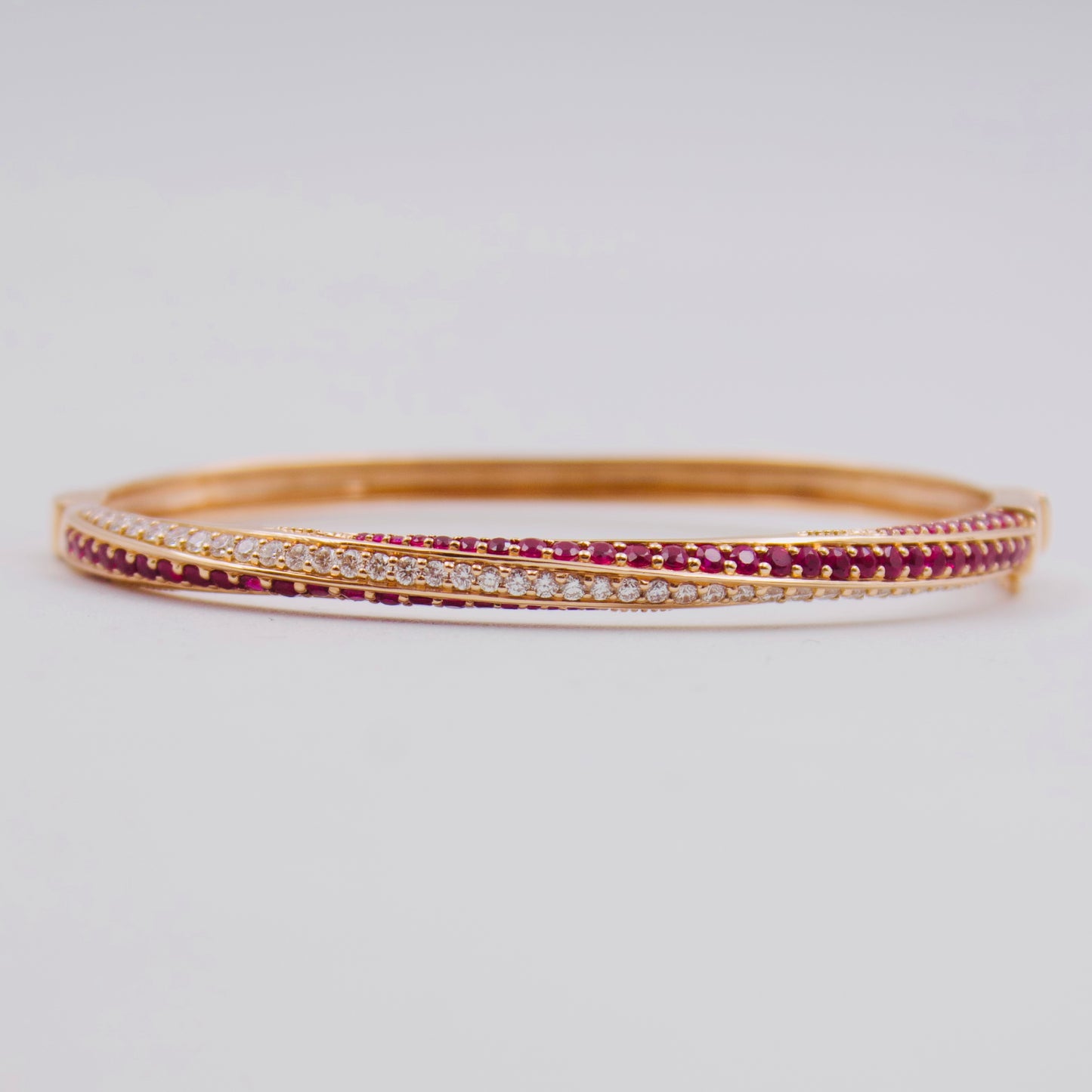 2.31 Ct Burma Ruby & Diamond Twisted Crossover Hinged Bangle in 18k Rose Gold