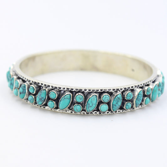 Vintage Natural Turquoise Slip On Bangle Bracelet in Sterling Silver