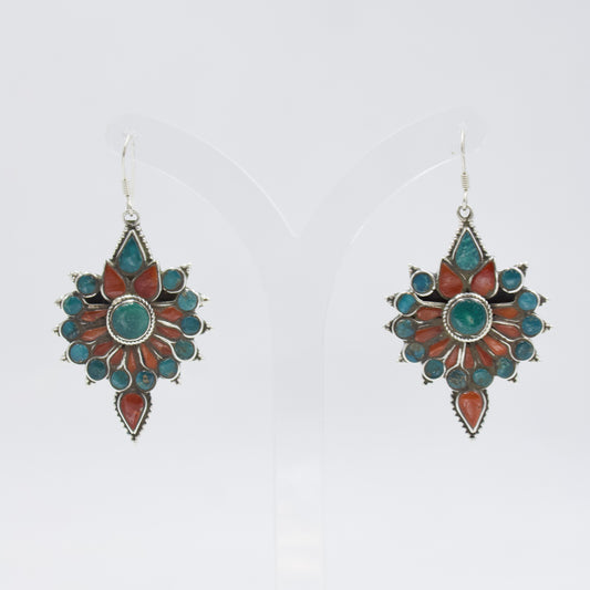 Vintage Floral Natural Turquoise & Coral Drop Earrings in Sterling Silver