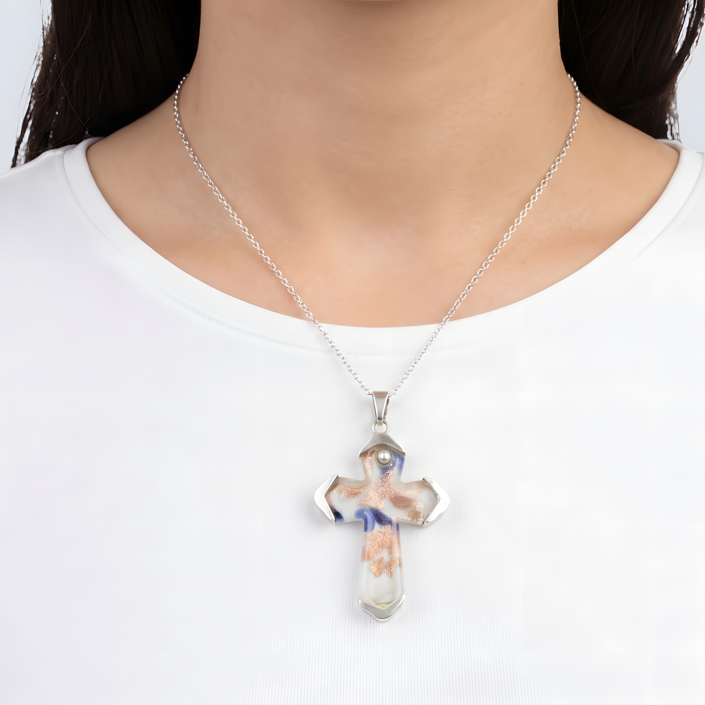 Artisan Hand-Blown Resin Cross Pendant in Sterling Silver