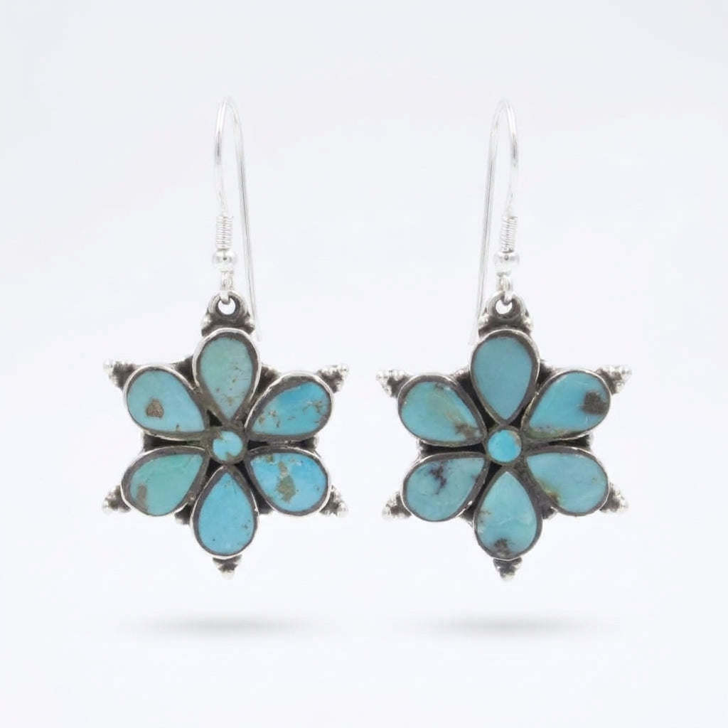 Vintage Southwestern Turquoise Flower Drop Dangle Earrings in Sterling Silver