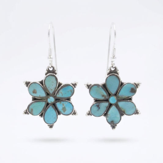 Vintage Southwestern Turquoise Flower Drop Dangle Earrings in Sterling Silver