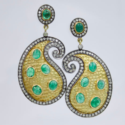 Victorian Emerald & Diamonds Handmade Mango Earrings in 14K Gold and Sterling Silver