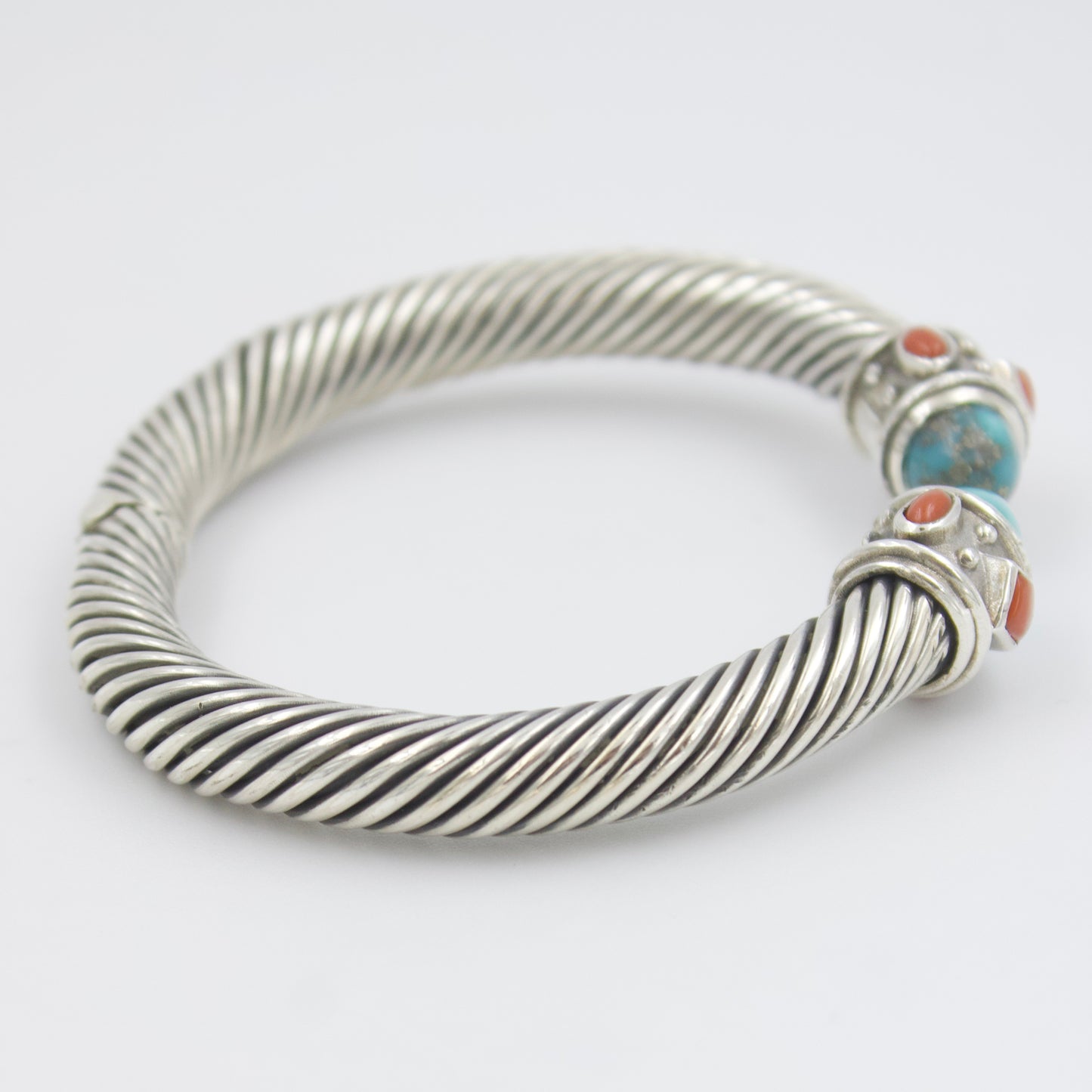 Natural Turquoise & Coral Twisted Cable Cuff Bracelet in Sterling Silver