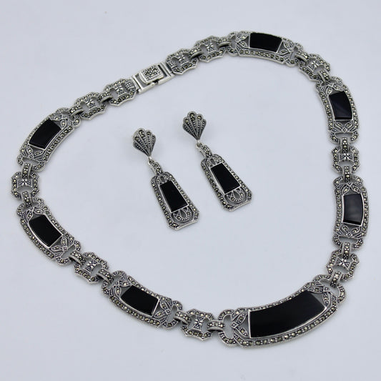Unique Marcasite & Black Onyx Statement Necklace & Earrings in Sterling Silver