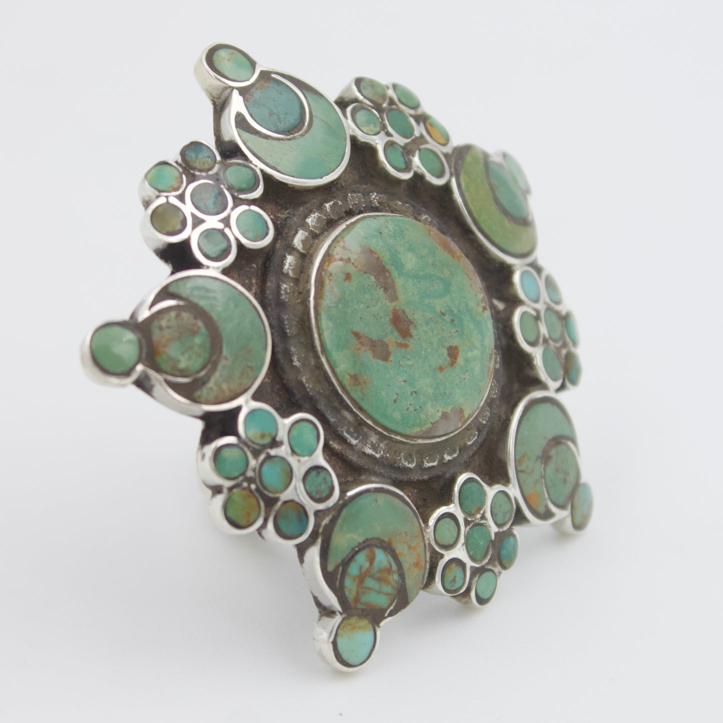 Vintage Turquoise Star Rosette Masterpiece Statement Ring in Sterling Silver