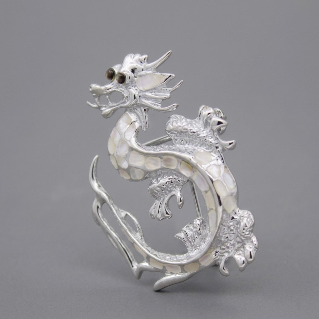 Silver Dragon Brooch Pendant with Mother of Pearl Inlay 925 Sterling Silver