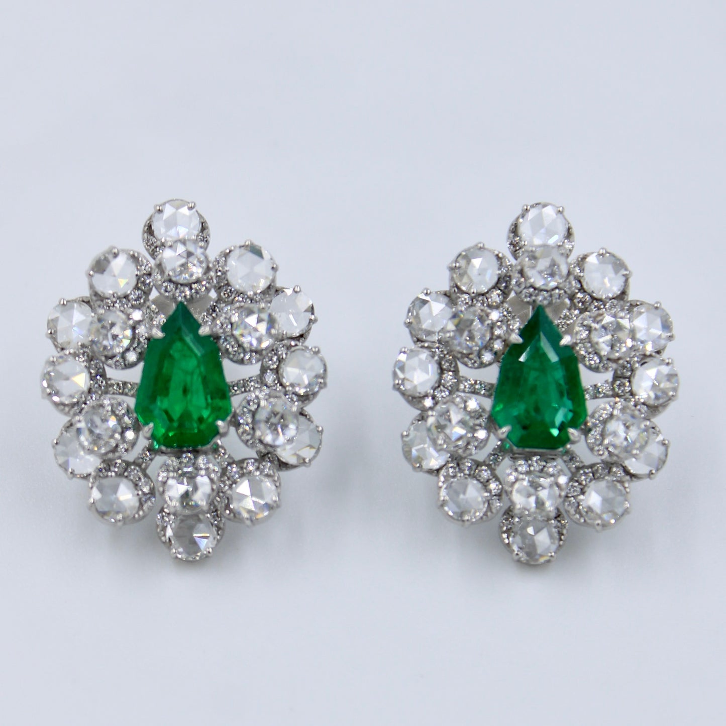 Statement 7.38 TCW AAA Natural Emerald & Rose Cut Diamond Halo Stud Earrings