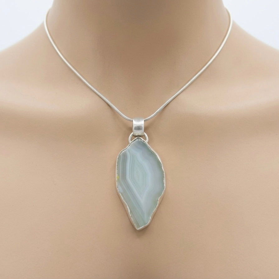 Artisanal Natural Light Blue Agate Slice Bezel Set Pendant in Sterling Silver