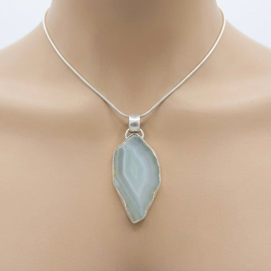 Artisanal Natural Light Blue Agate Slice Bezel Set Pendant in Sterling Silver