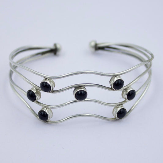 Vintage Black Onyx Statement Cuff Bracelet in Sterling Silver