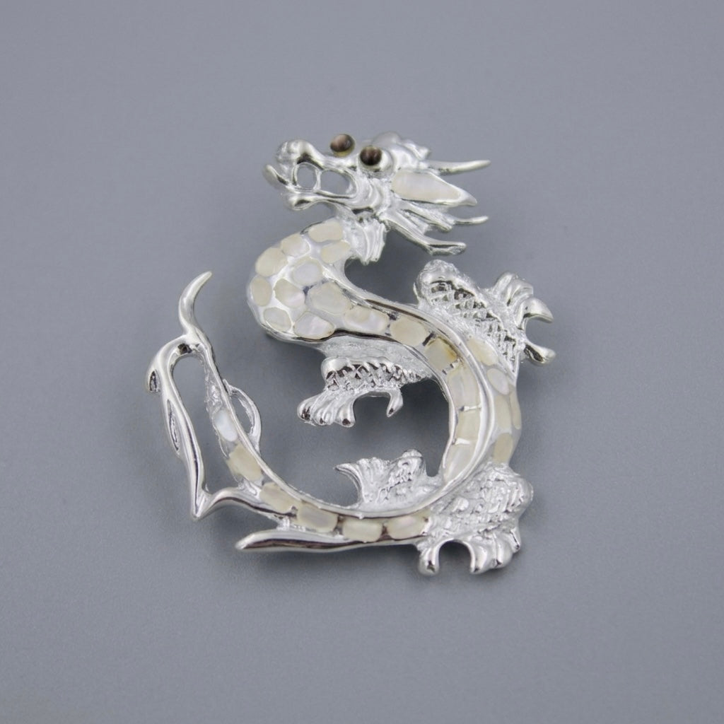 Silver Dragon Brooch Pendant with Mother of Pearl Inlay 925 Sterling Silver