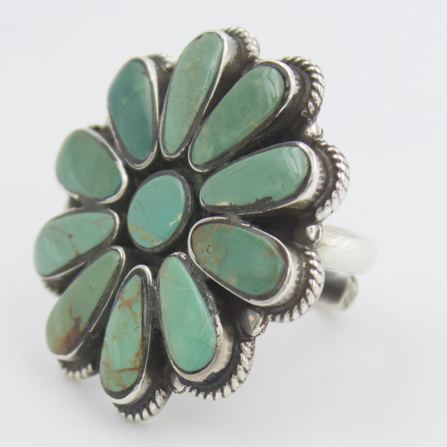Vintage Natural Turquoise Flower Cluster Statement Ring in Sterling Silver