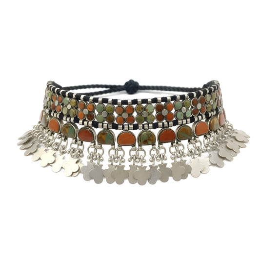 Vintage Tibetan Natural Turquoise & Coral Choker Necklace in Sterling Silver