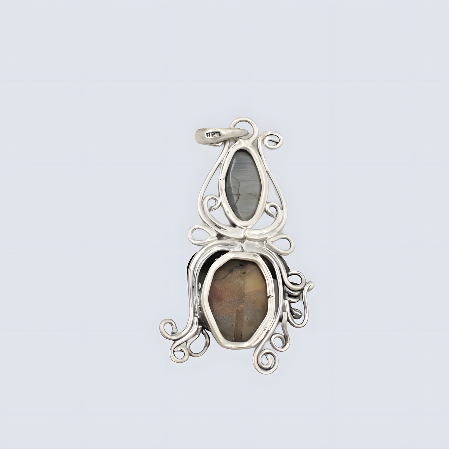 Oxidized Dual-Stone Bohemian Art Nouveau Pendant in Sterling Silver