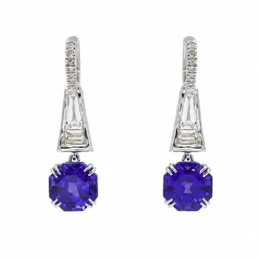 Statement 5.93 TCW Natural AAA++ Fancy Cut Tanzanite & Diamond Drop Earring 18K White Gold