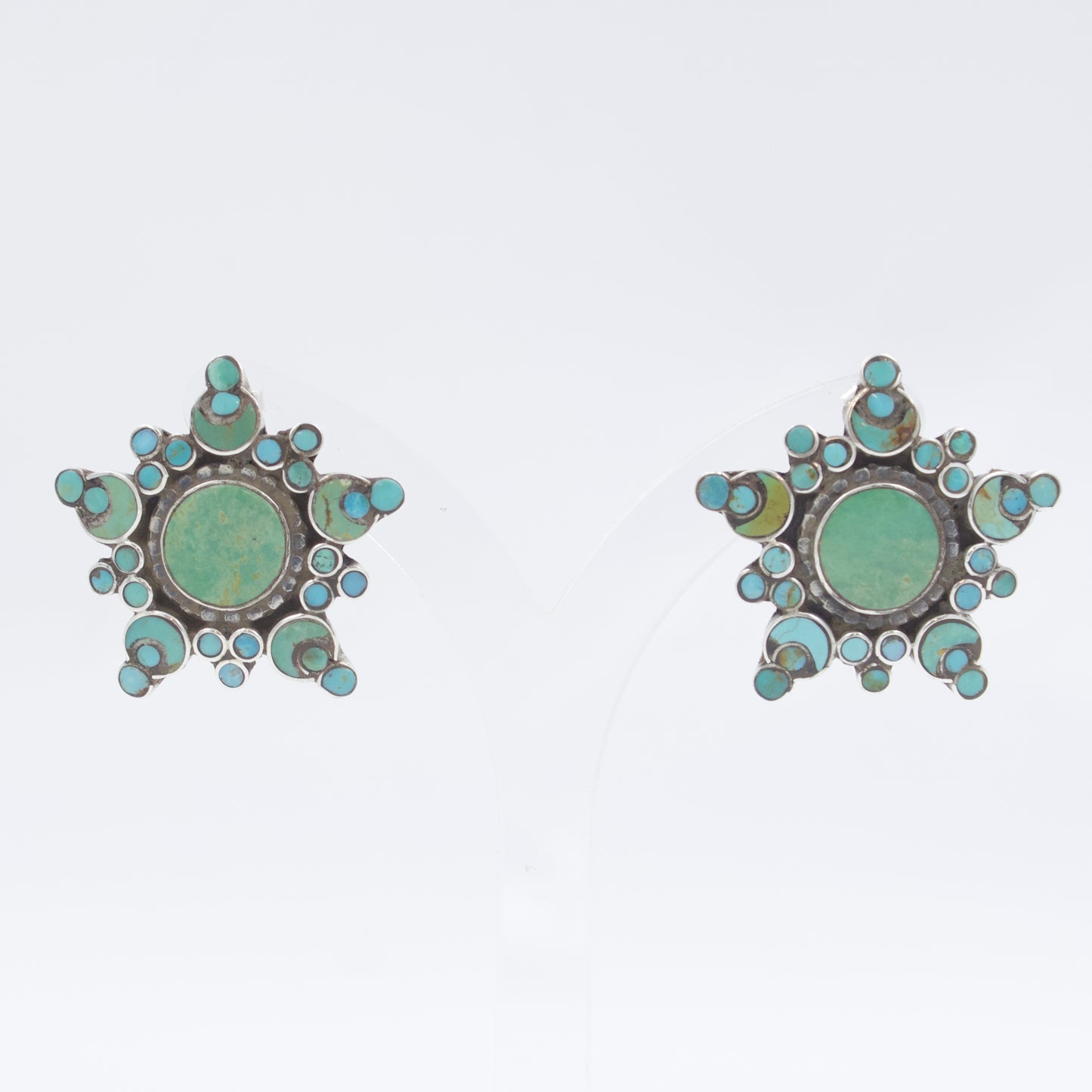 Vintage South West Natural Turquoise Star Cluster Stud Earrings Sterling Silver