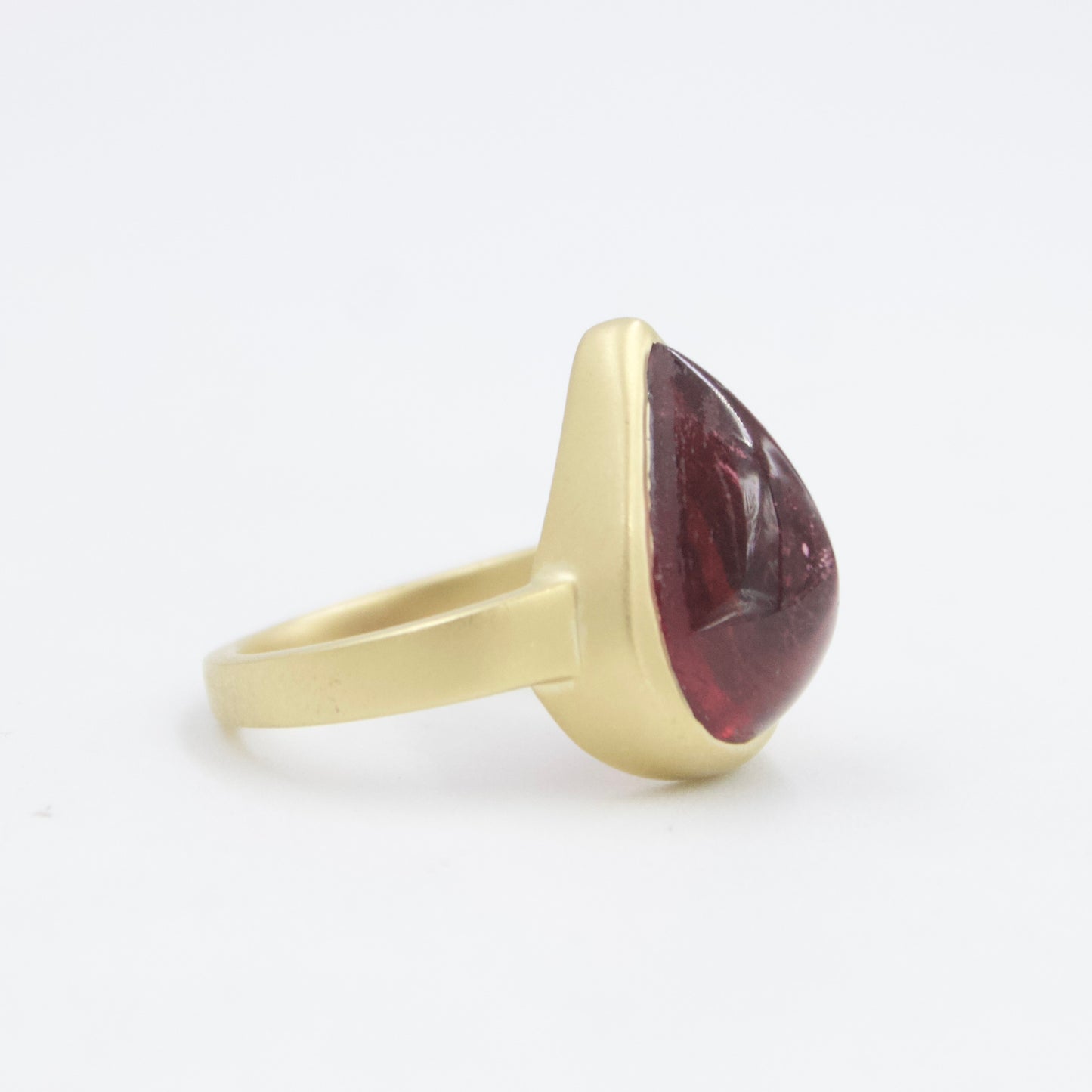 8.6 Ct Vivid Red Rubellite Tourmaline Pear Sugarloaf Ring in 18KY Brushed Gold
