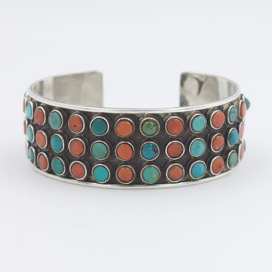 Vintage Sterling Silver Natural Turquoise Coral Cuff Bracelet