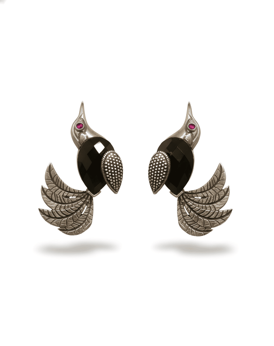 925 Sterling Silver Hummingbird Studs with Faceted Black Onyx