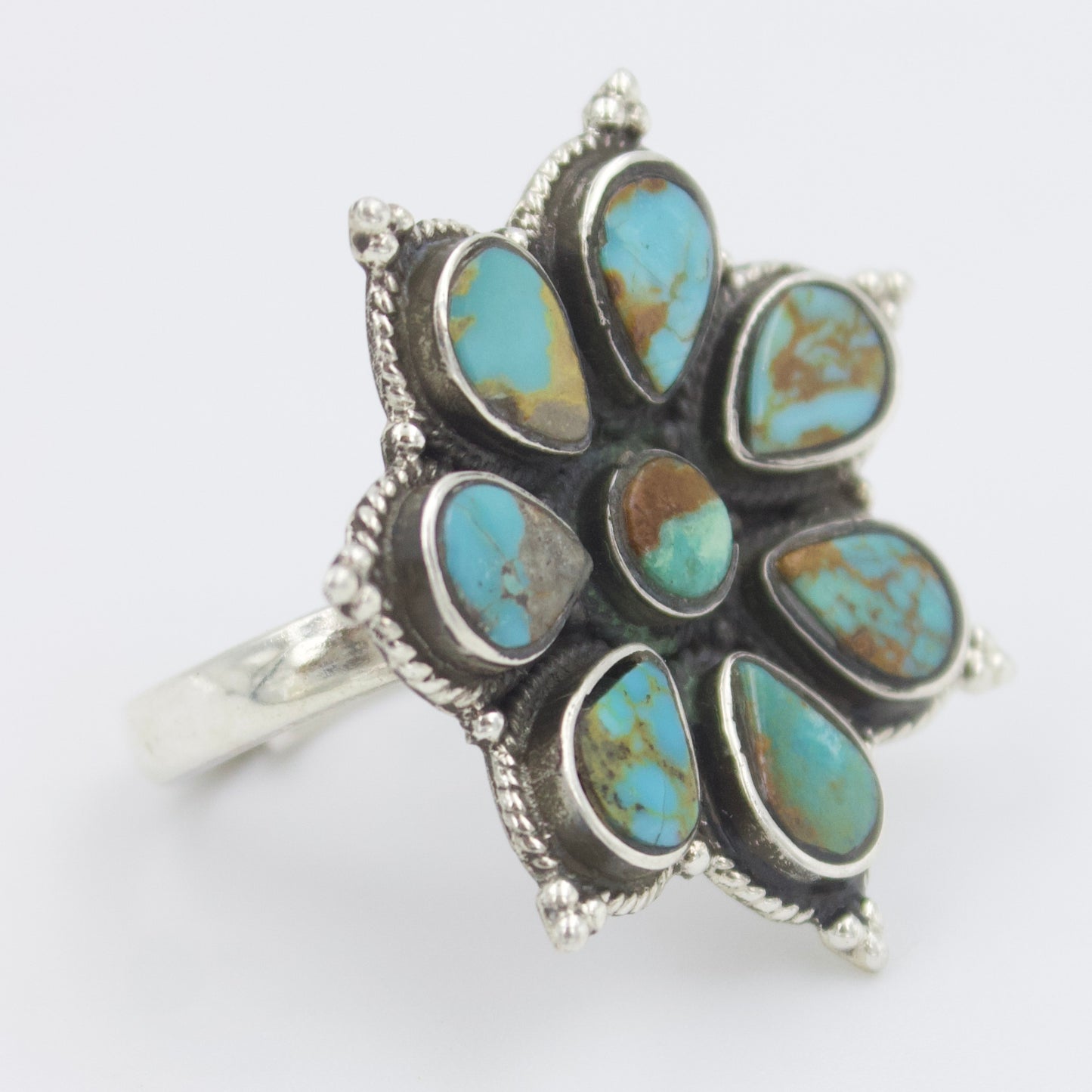 Vintage Sterling Silver Natural Turquoise Flower Cluster Statement Ring