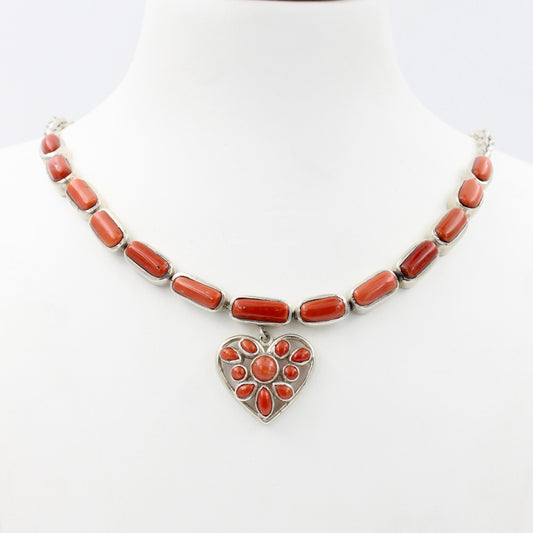 Vintage Natural Coral Heart Pendant Necklace in Sterling Silver