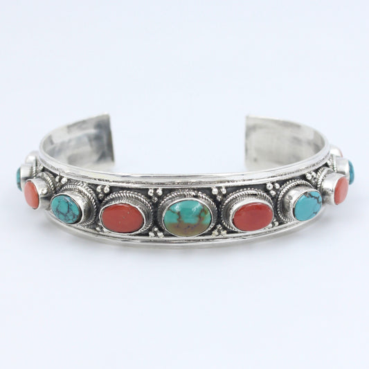 Vintage Natural Turquoise & Coral Cuff Bracelet in Sterling Silver