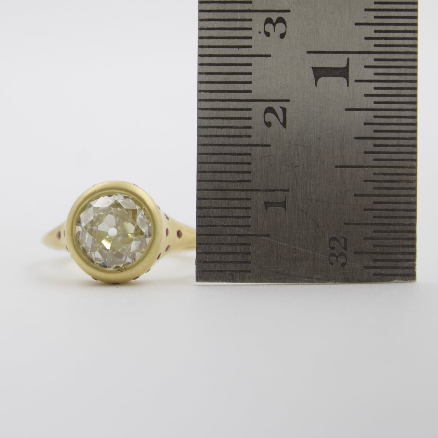 IGI 2.26 Ct Old European Cut Diamond & Ruby Engagement Ring in 18KY Brushed Gold