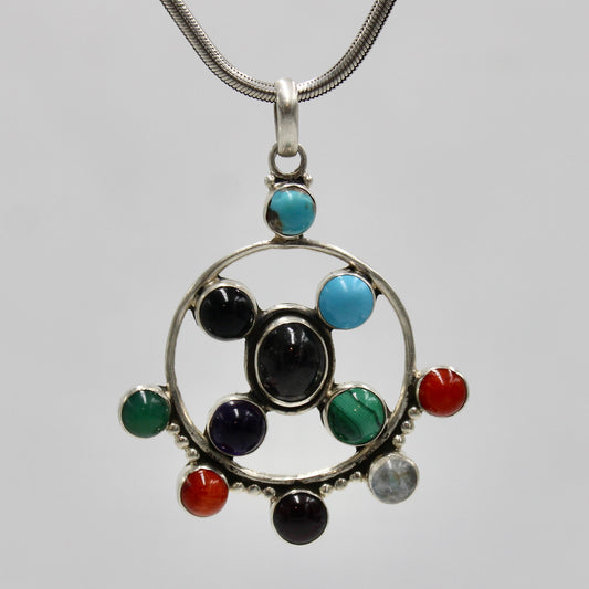 Vintage Multi Gem Amethyst, Turquoise, Malachite Pendant in Sterling Silver