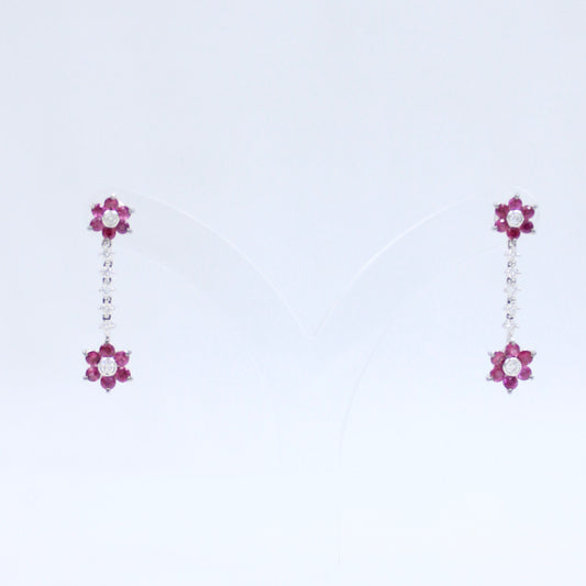 Elegant 2.13 TCW Natural Untreated Ruby & Diamond Floral Drop Earring in 18K White Gold