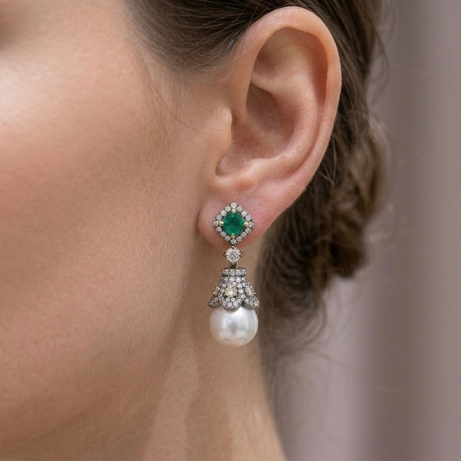 Art Deco Gold Silver Emerald Diamond Southsea Pearl Earrings in 14K Gold & Sterling Silver