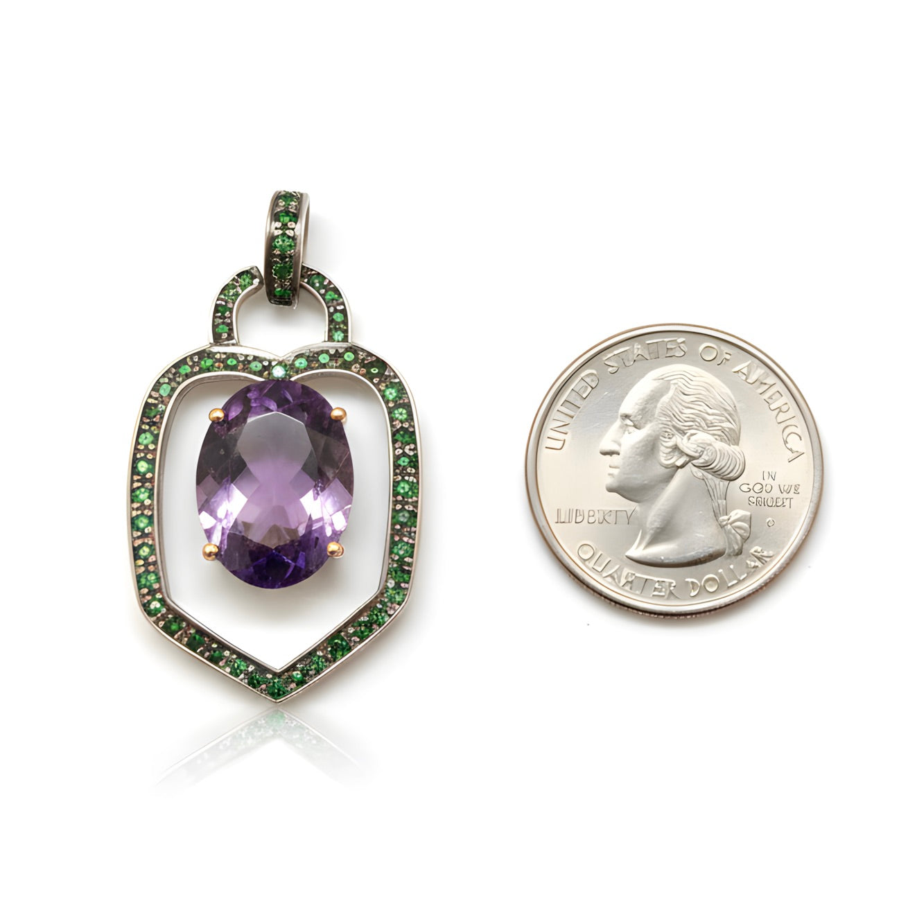 Victorian 22.5 Ct Statement Amethyst & Emerald Pendant in 14k Gold & Silver