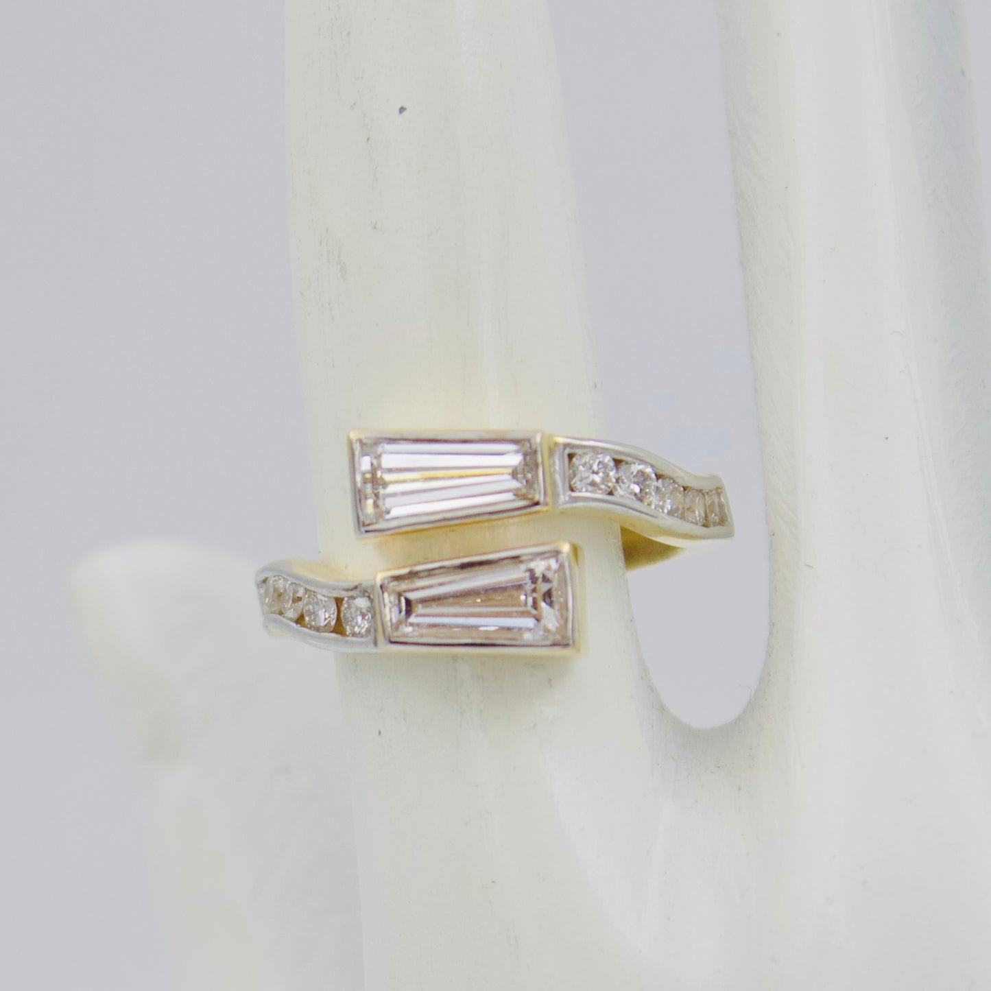 1.47 ct Created Diamond Bypass Ring with Tapered Baguette & Round Cut Accents in 18k Gold Size 6