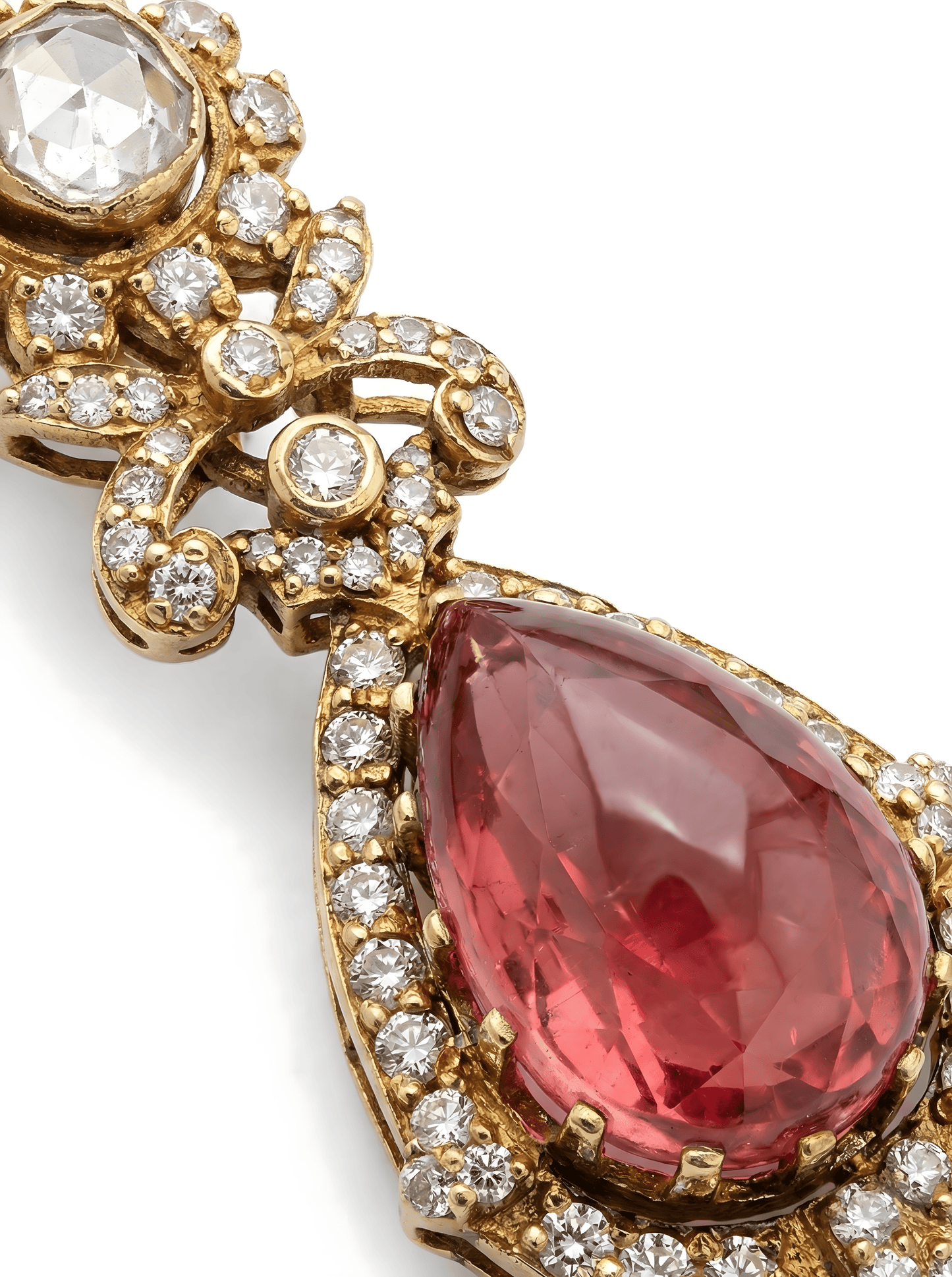 12.3 Ct Rubellite Tourmaline & Rose Cut Diamond Drop Earring In 18K Yellow Gold