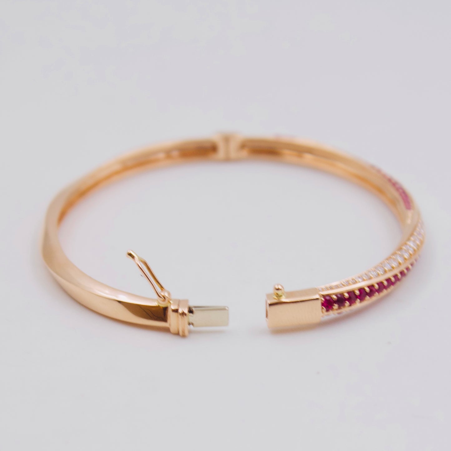 2.31 Ct Burma Ruby & Diamond Twisted Crossover Hinged Bangle in 18k Rose Gold
