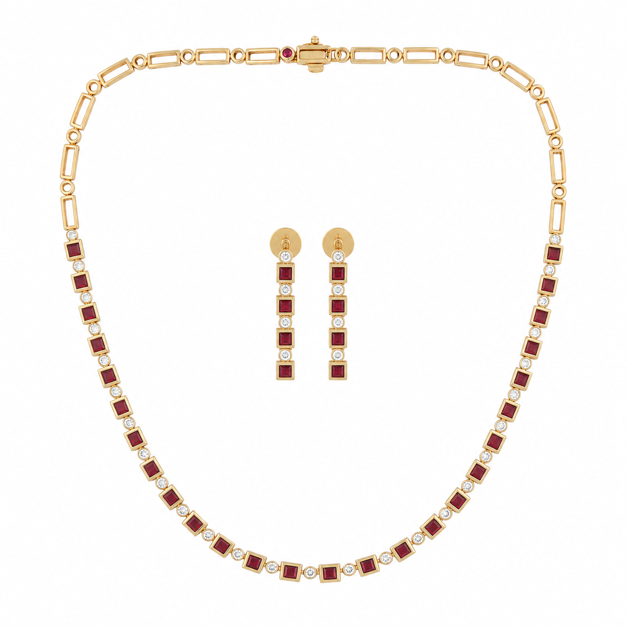 Diamond & Square Mozambique Red Ruby Geometric Jewelry Set in 18k Rose Gold
