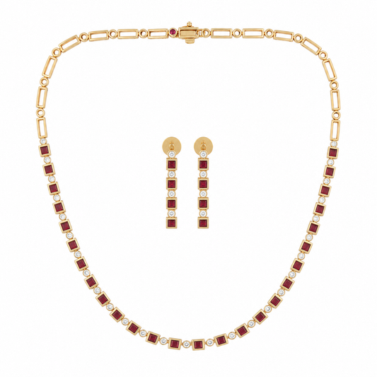 Diamond & Square Mozambique Red Ruby Geometric Jewelry Set in 18k Rose Gold