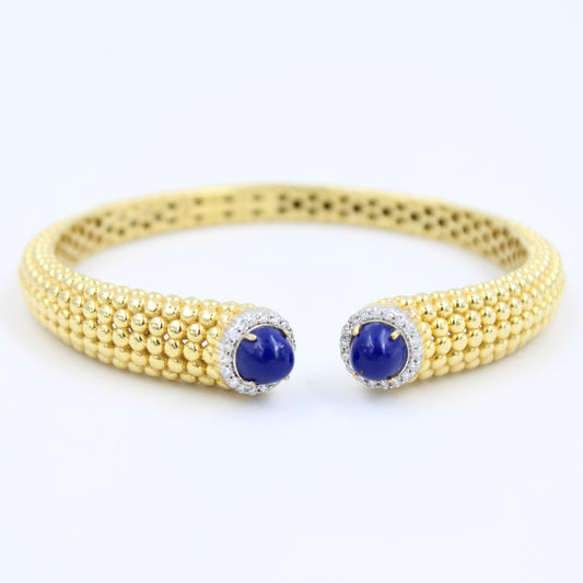 Statement 2.26 Ct Lapis Lazuli & Diamond Hinged Cuff Bracelet Etched 18K Gold