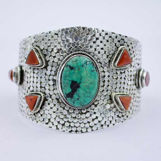 Vintage Handmade Turquoise & Coral Broad Hammerwork Statement Cuff Bracelet in Sterling Silver
