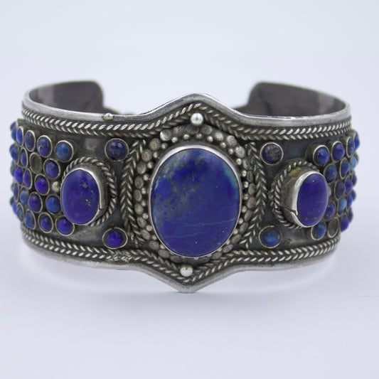 Handmade Lapis Lazuli Broad Statement Cuff Bracelet in Sterling Silver