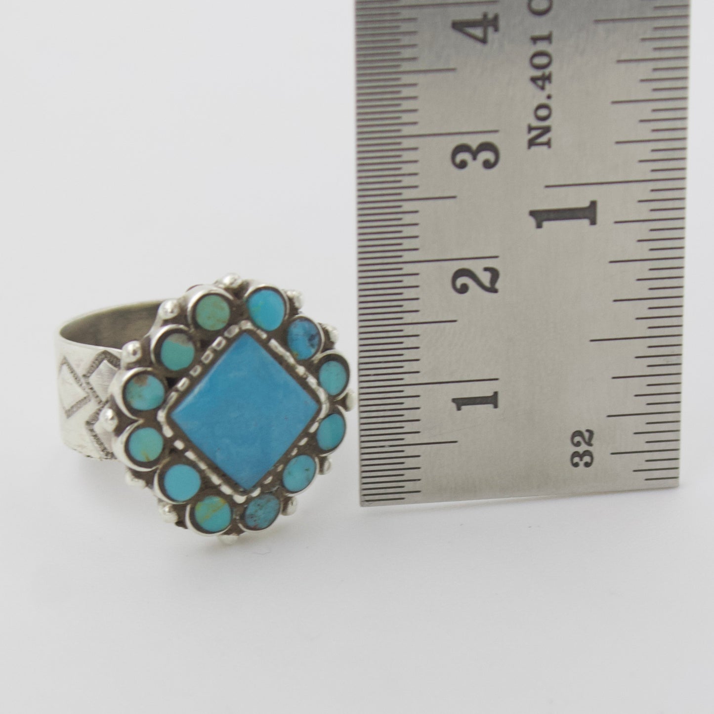 Vintage Natural Square Turquoise Cluster Statement Ring in Sterling Silver size 7