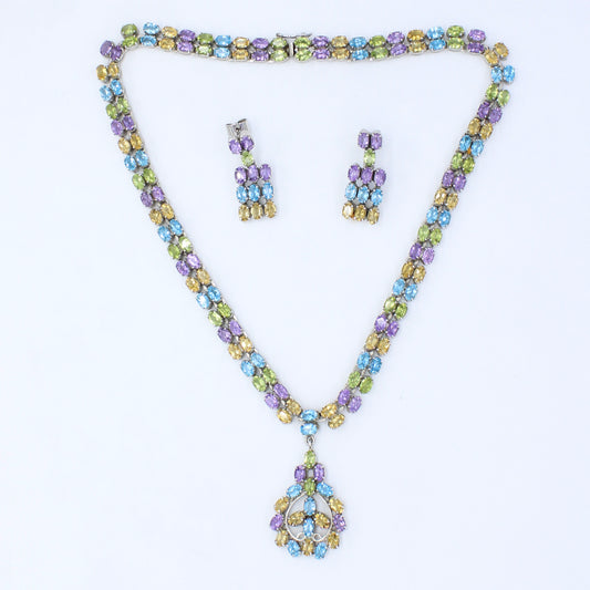Natural AAA 86.75 Ct Peridot, Citrine, Amethyst, Blue Topaz Sterling Silver Necklace, Earring & Ring Set
