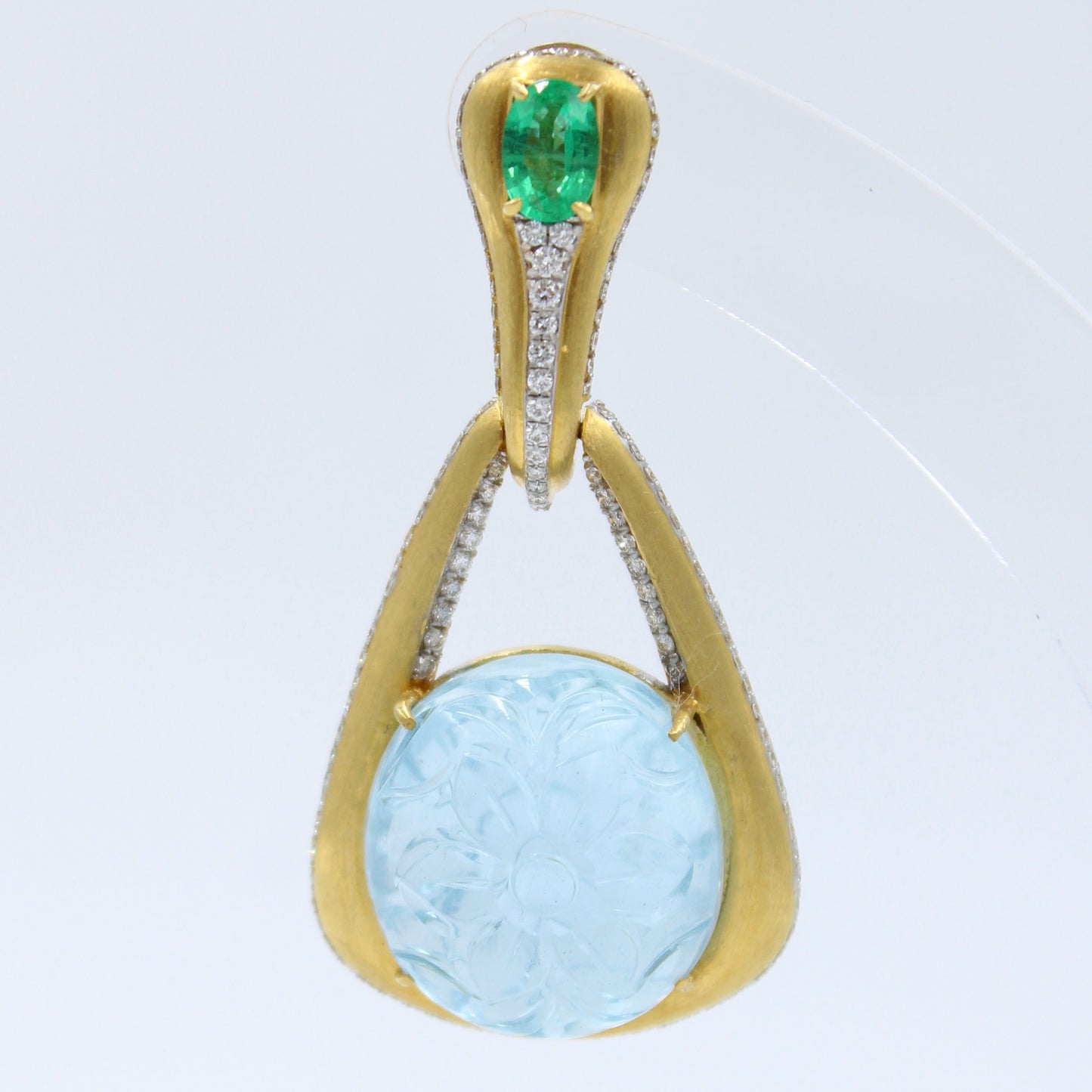 44.9 Ct Carved Aquamarine, Emerald & Diamond Drop Earrings 18K Brushed Gold
