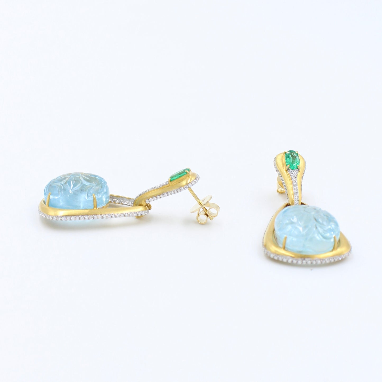 44.9 Ct Carved Aquamarine, Emerald & Diamond Drop Earrings 18K Brushed Gold
