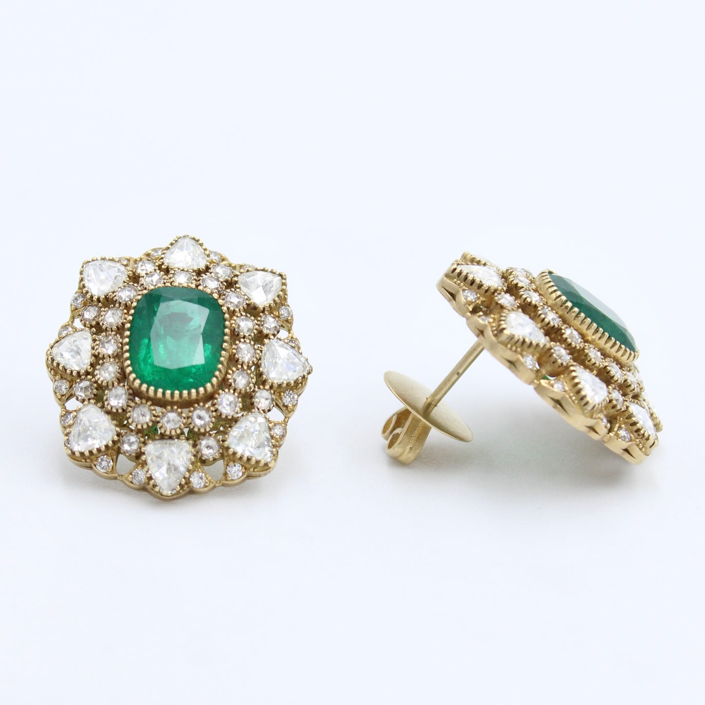 11.05 Ct AAA Vivid Green Emerald & Rose Cut Diamond 18K Gold Stud Earrings