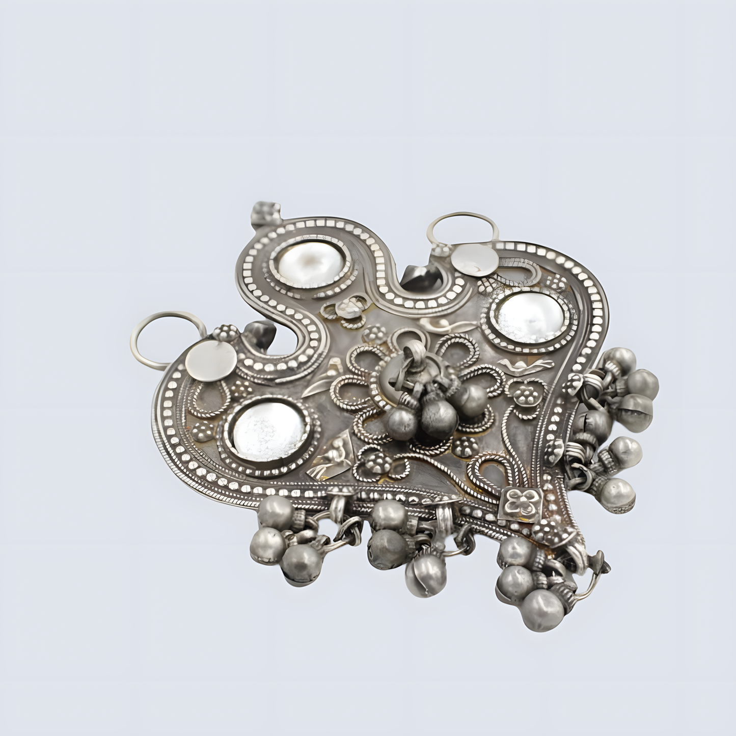 Antique Silver Heart-Shaped Tribal Pendant with Inlaid Glass & Ghungroo In Sterling silver