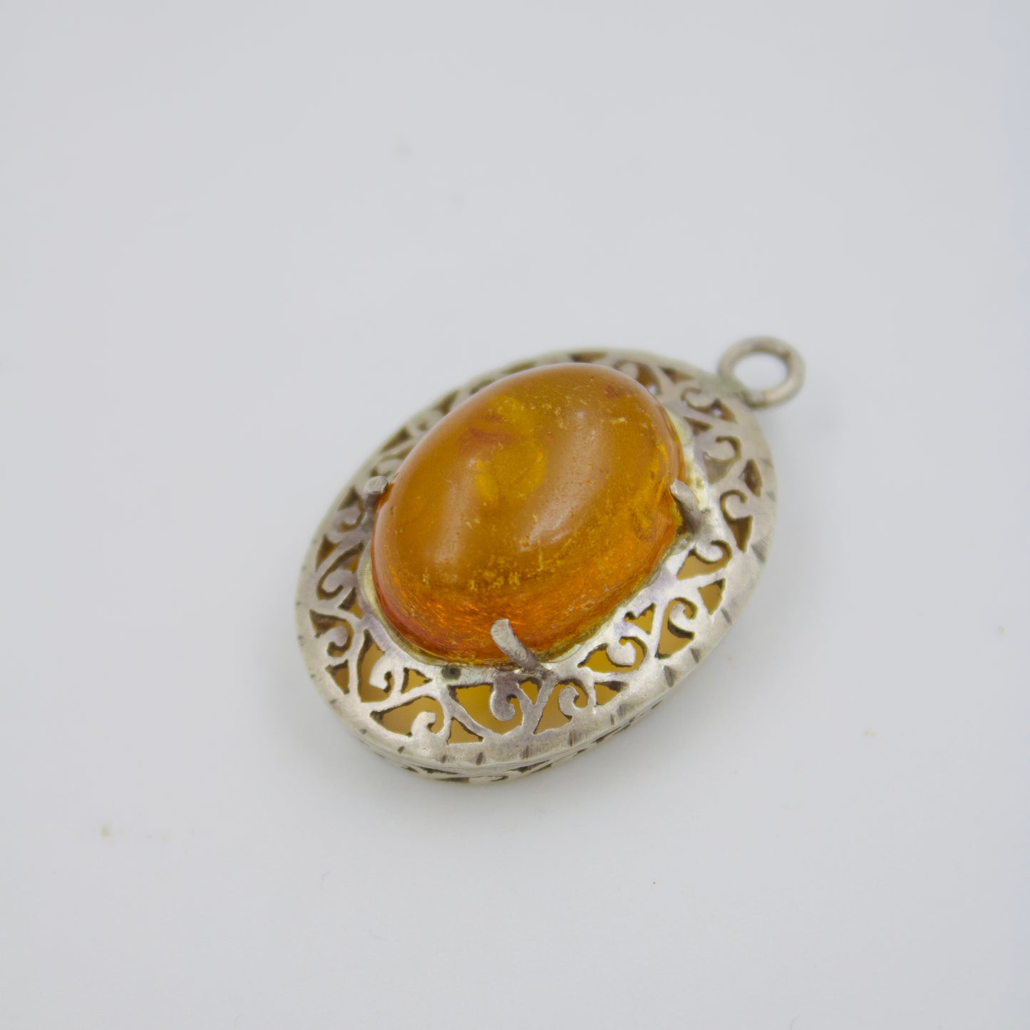 Vintage Amber Cabochon Filigree Oval Pendant in Sterling Silver